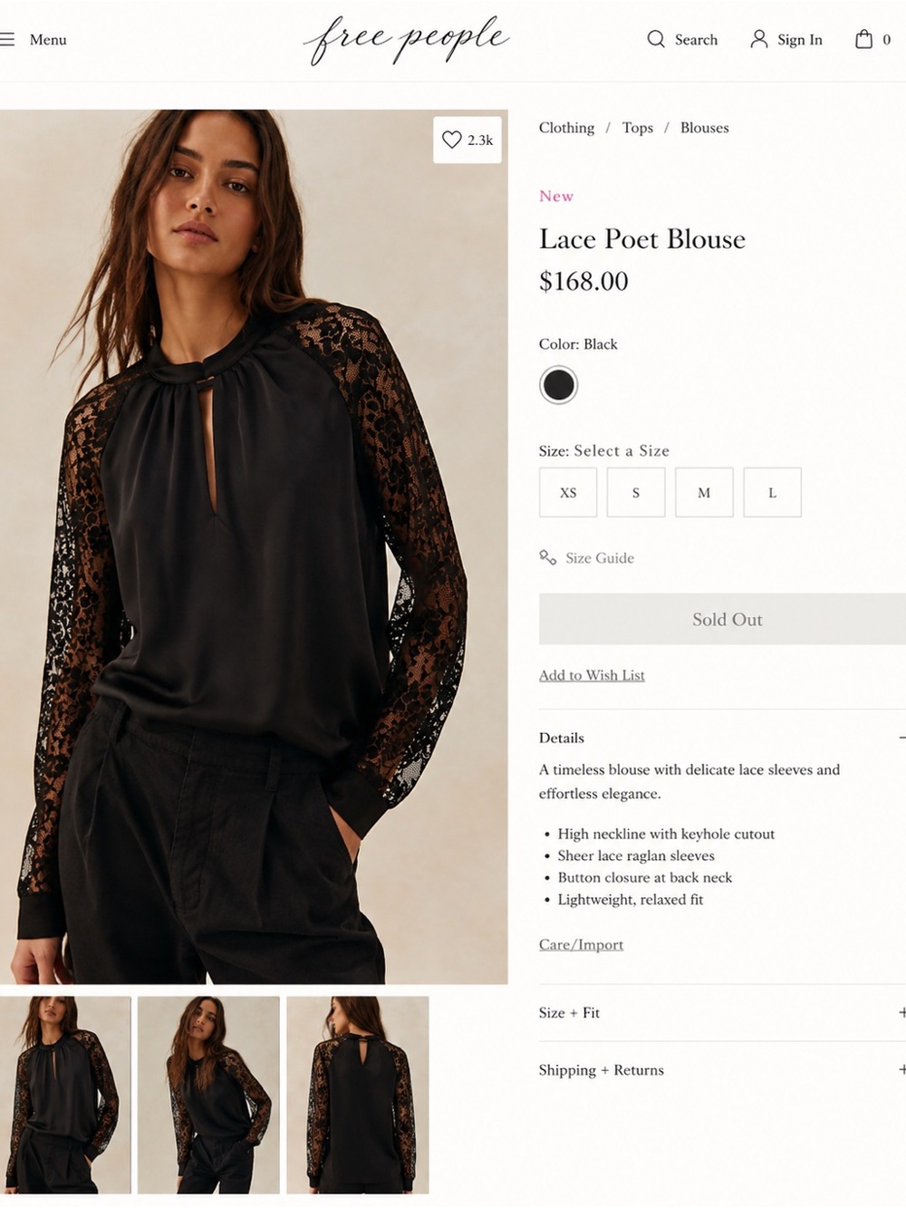Free People Black Lace Poet Blouse